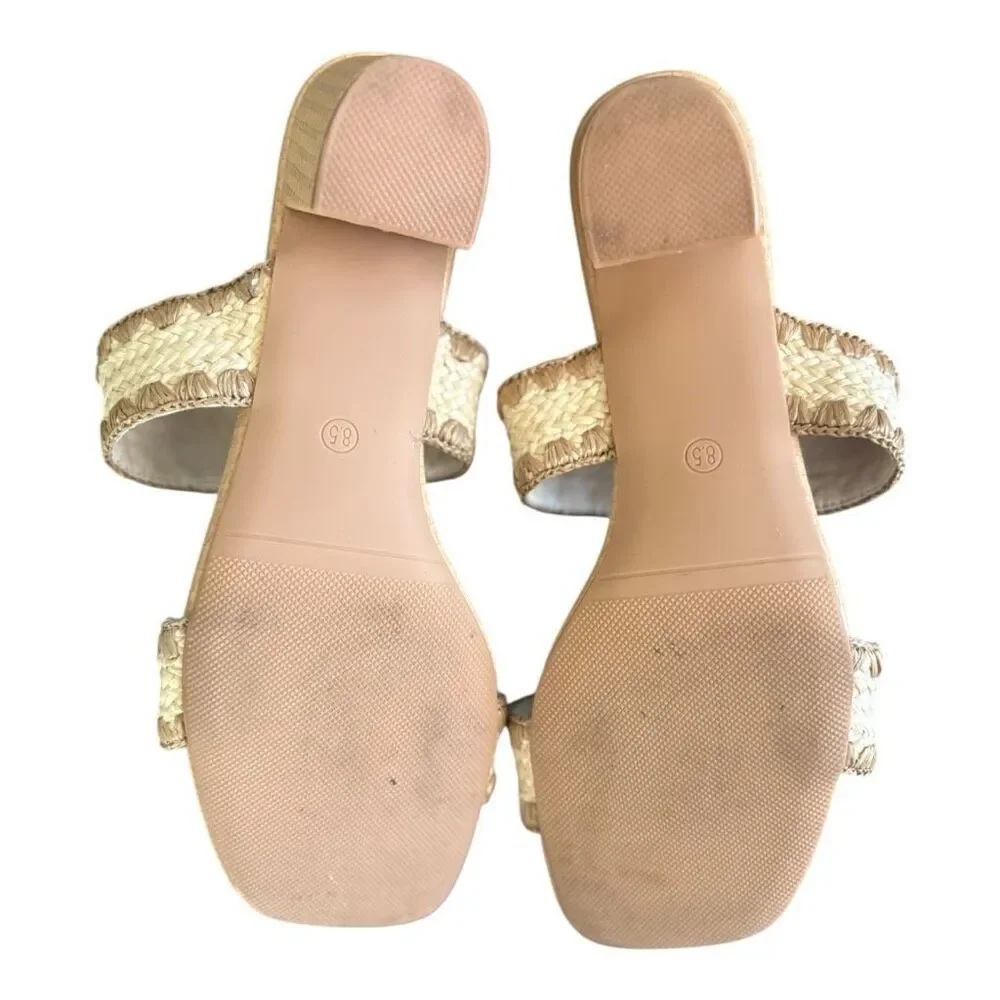 N.N.G Braided Tan Chunky Heel Square Toe Leather Woven Heels Mules Slides